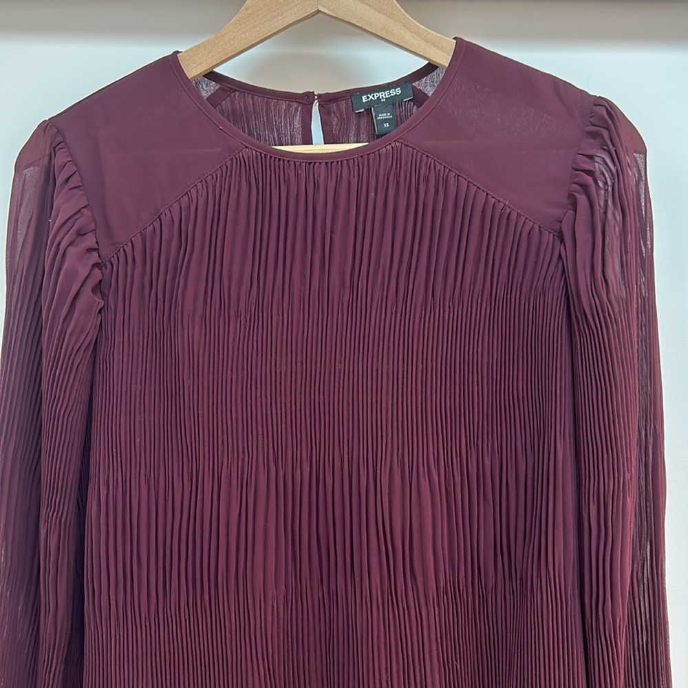 EXPRESS XS Plum Burgundy Micro Pleated Long Sleeve Blouse Sheer Accents
